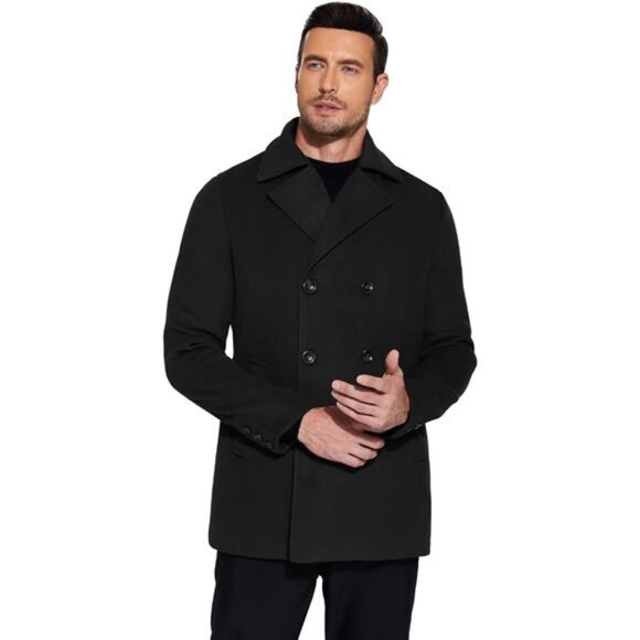 Mens Pea Coat Double Breasted Winter Overcoat Trench Coat Notched Collar - Picture 4 of 7